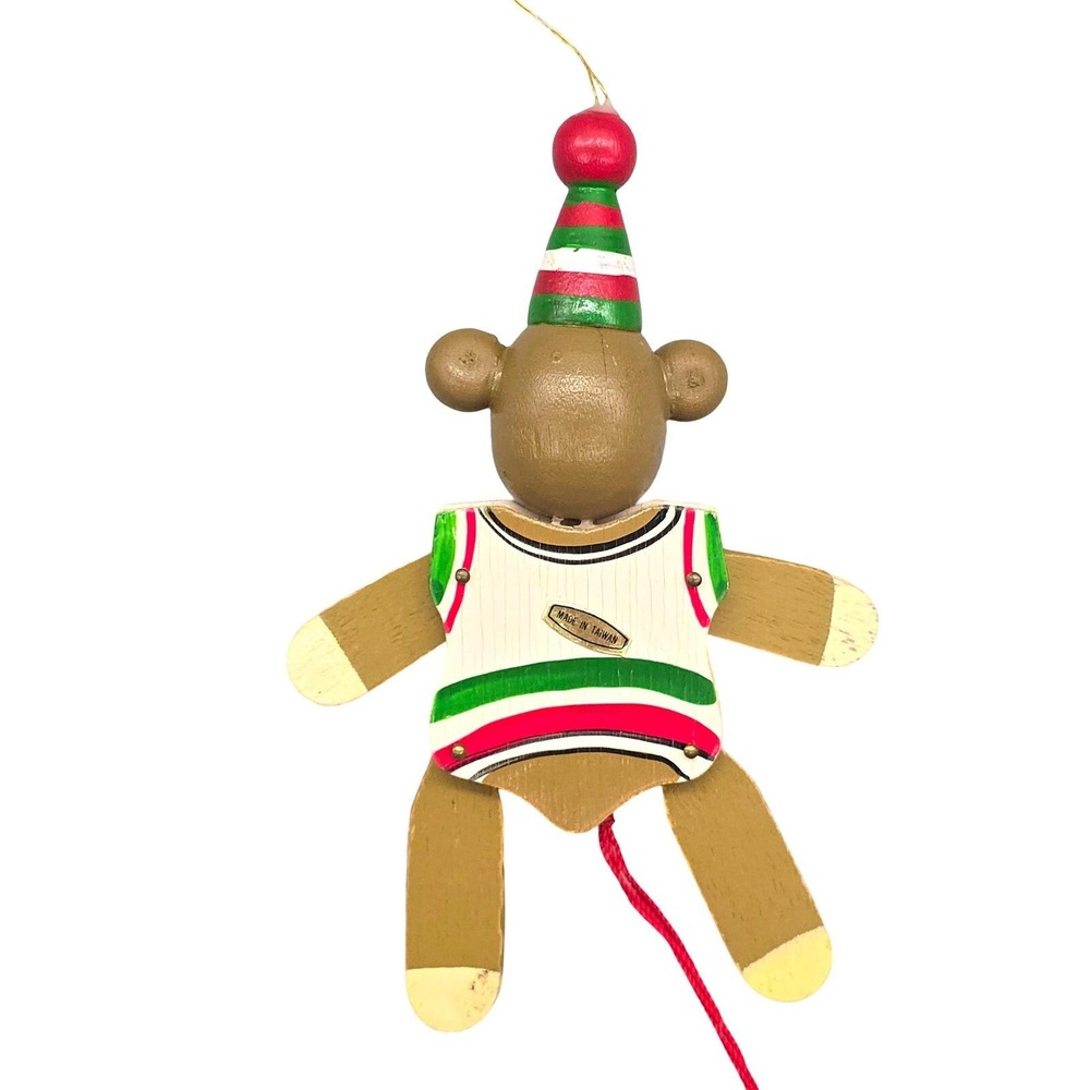 Vintage Wooden Bear Jumping Jack Christmas Ornaments Set 2 Pull String Taiwan - Picture 6 of 15
